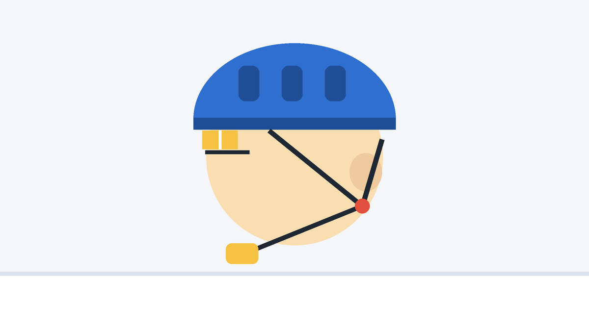 Side view of a helmet sitting level two finger-widths above the eyebrows, with the strap V under the ear