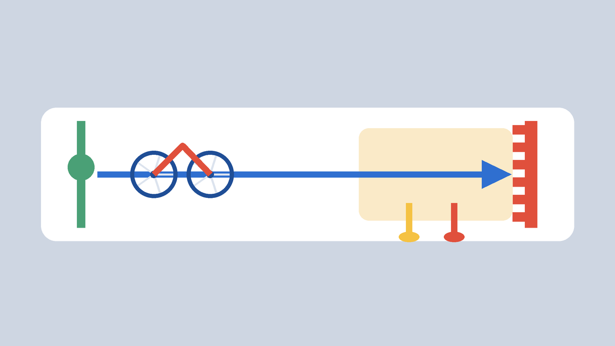A practice lane marked with a start line, a stop line and a braking distance between them