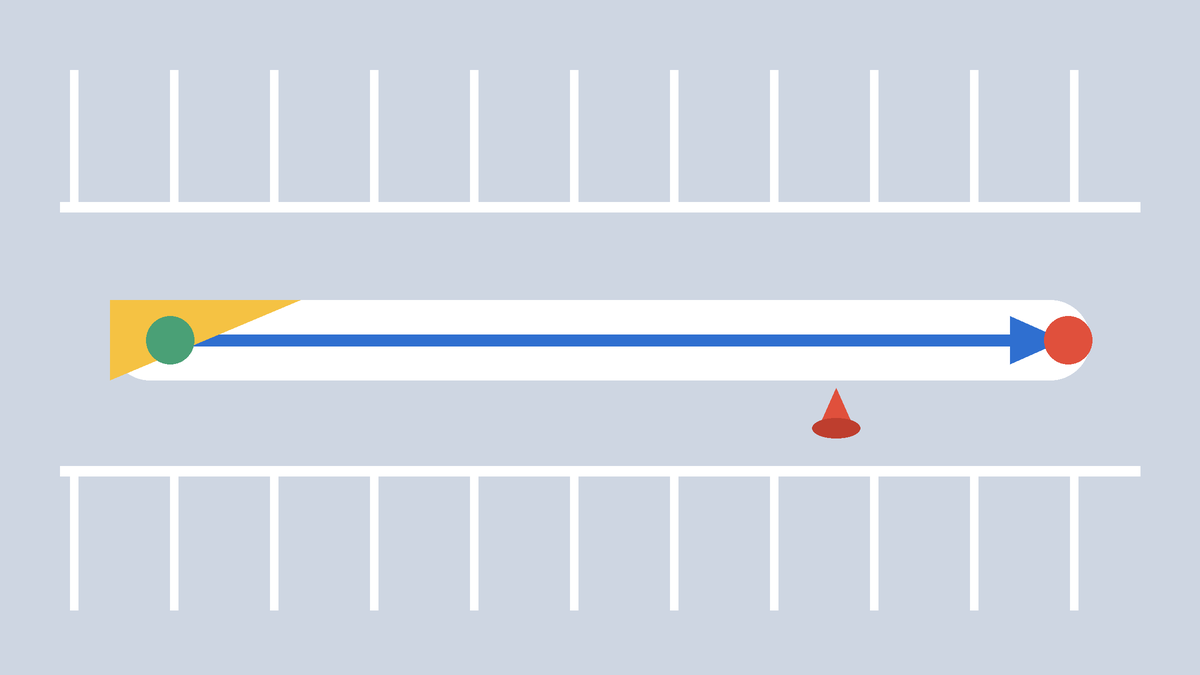 Overhead view of an empty car park marked with a practice loop and a gentle slope